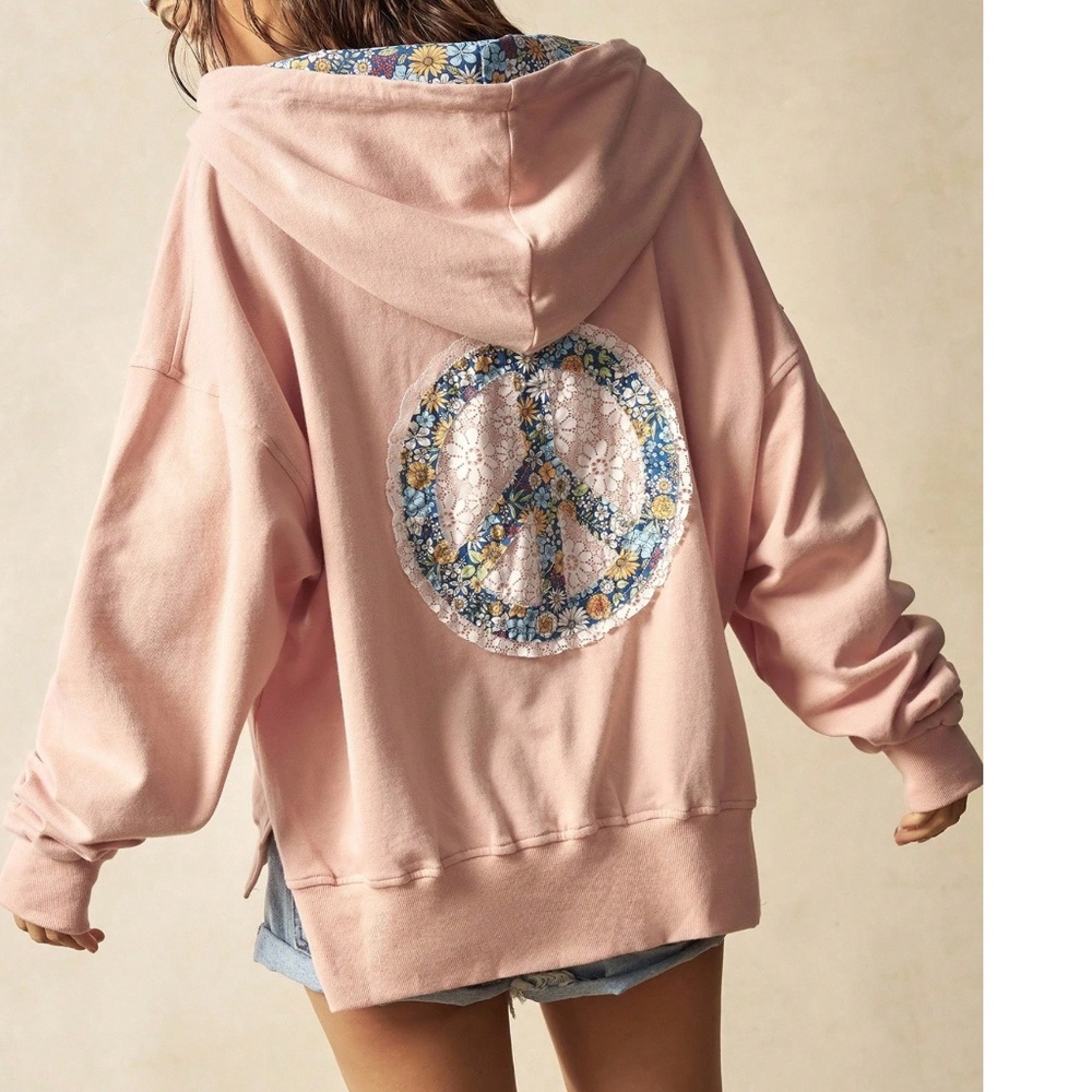 Cozy Floral Print Peace Patch Cotton Oversized Hoodie Sweater Top